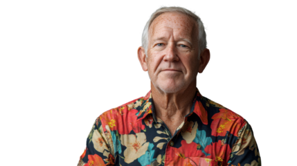 Confident senior man wearing hawaiian shirt on transparent background