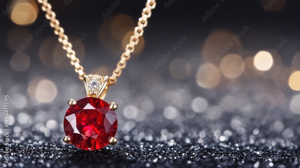 Poster close up of a ruby pendant with rich red hue and brilliant gold chain on a sparkling black surface w
