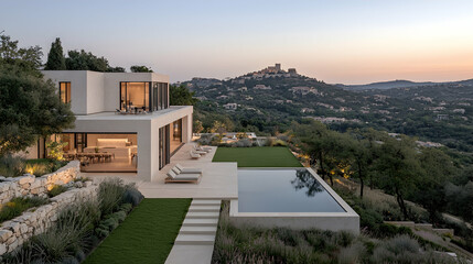 Modern villa, hilltop pool, sunset view, Provence