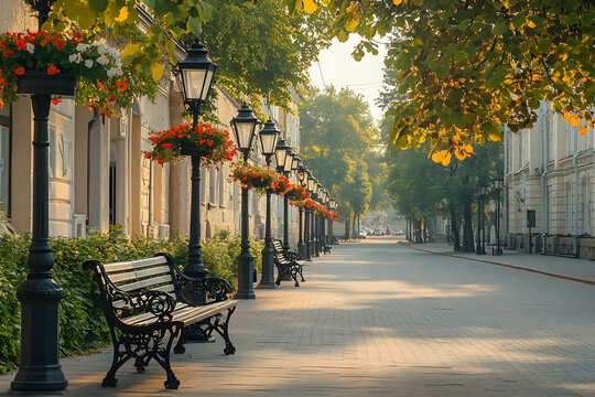 Idyllic avenue lined with ornate lampposts adorned with vibrant flowers, inviting benches and verdant trees bathed in the soft glow of early morning sun