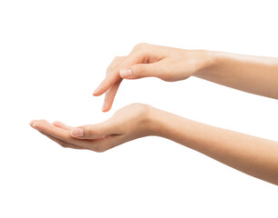 Woman hand applying cosmetic cream on her finger on background.