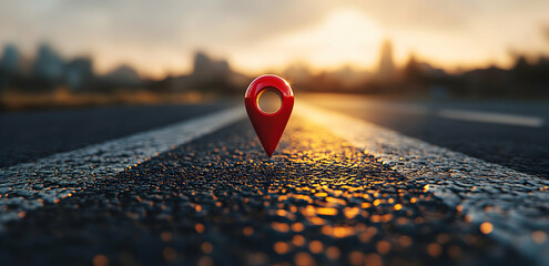 Red navigation pin on a highway stretching towards a blurred city skyline at sunset, symbolizing location, direction and destination finding