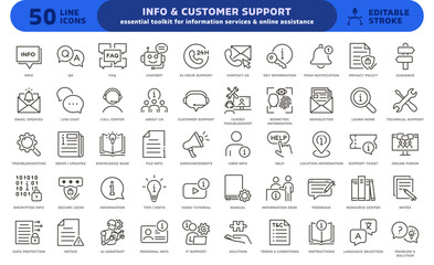 Info and customer support icon set. Thin line editable stroke icons for information help desks, call centers, online assistance, technical support, data protection, faq and qa