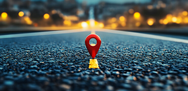 Strategic pinpoint location on asphalt road, evoking travel, navigation and urban exploration within a modern cityscape context