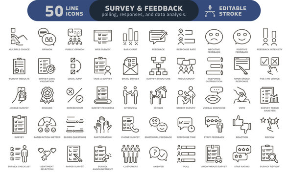 Survey and feedback icon set. Thin line editable stroke icons for polls, data analysis, customer satisfaction, market research, and public opinion