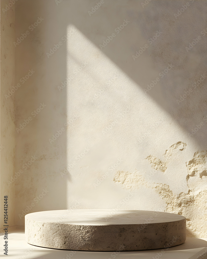 Poster ethereal light casts dramatic shadows in a minimalist setting, highlighting a simple platform agains