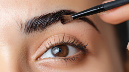 Eyebrow Makeup Tutorial: Close-up shot of a hand applying brow makeup with a brush, focusing on the delicate strokes that shape and define the brows, creating a natural and elegant look. 