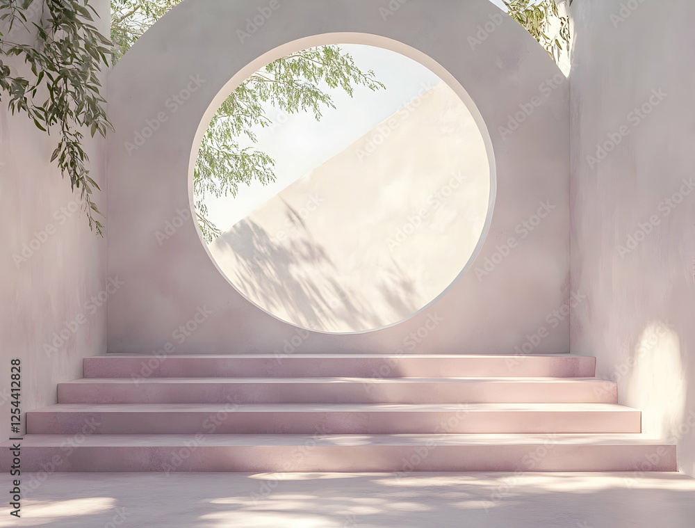 Poster elegant minimalist architecture with pale pink tones, featuring steps leading to a circular window a