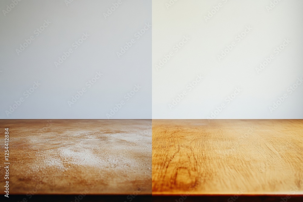 Poster side by side comparison of dusty and clean furniture surfaces showcases the impact of regular cleani