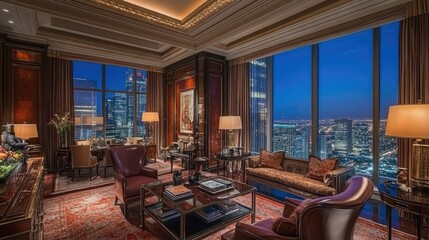 Fototapeta premium A stylish and upscale luxury living room with sleek and modern furniture, floor lamps, and elegant details.