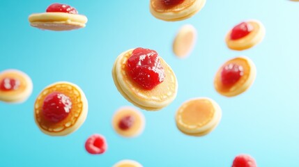 Naklejka premium Mini Pancakes with Jam, Falling, Blue Background, Food Photography