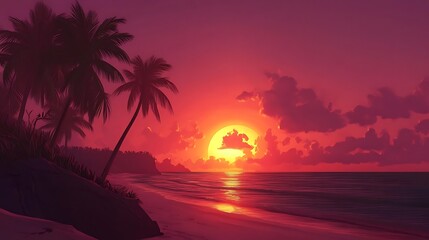 Obraz premium Tropical Sunset Beach Scene With Palm Trees