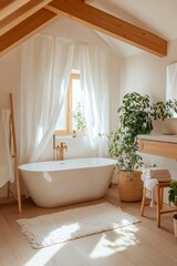 Serene modern bathroom with a freestanding tub, natural light, plants, and minimal decor