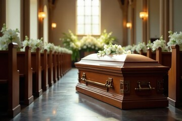 Funeral casket in church aisle with white flowers, peaceful, funeral, aisle