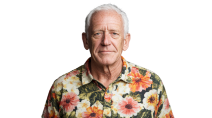 Senior man wearing hawaiian shirt on transparent background