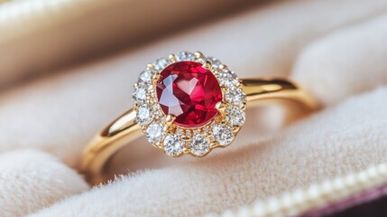 Close Up of a Ruby Ring Set in Gold and Diamonds on Cream Colored Fabric in Soft Lighting for Jewelry Advertisement and Romantic Gift Ideas