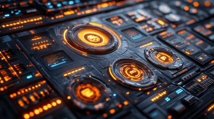 Obraz premium Futuristic technology interface with glowing orange and blue elements.