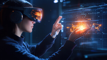 person wearing virtual reality headset interacts with dynamic holographic interfaces, visualizing operational data in futuristic setting
