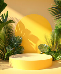 Tropical paradise podium display showcasing product presentation amidst vibrant foliage and warm sunlight cast upon soft yellow backdrop and minimalist shapes