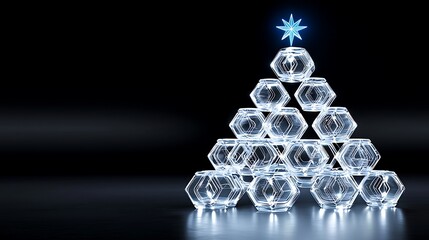 '  Tree shape made of stacked clear bowls with a star on top against a dark background.