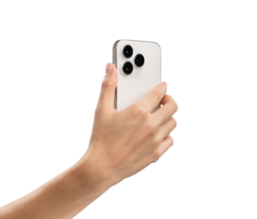 Clipping path, Hand holding back of the smartphone on isolated white background.