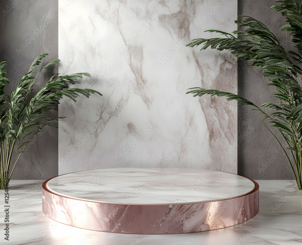 Poster elegant product display platform with marble textures, accentuated by verdant botanical elements in 