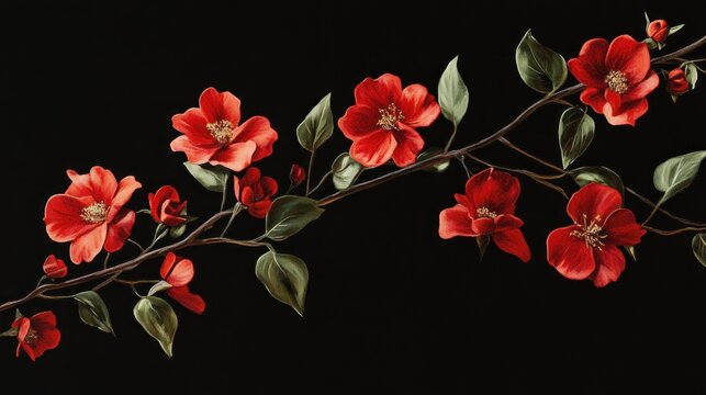 Fototapeta Red flowers branch, dark background, elegant design, perfect for greeting cards