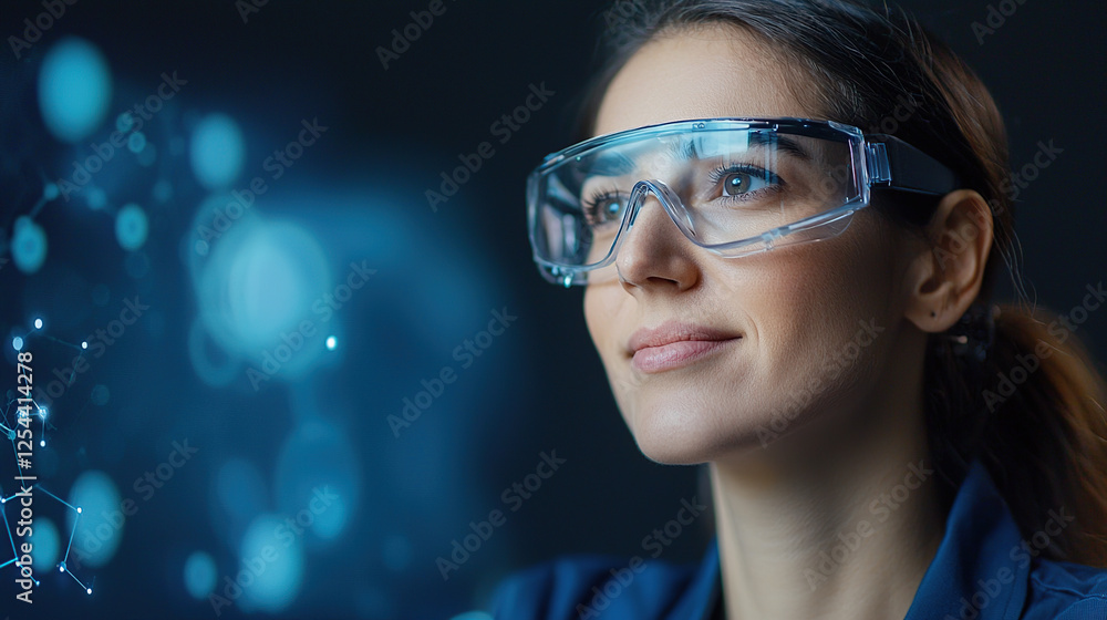 Poster woman wearing futuristic glasses gazes at dynamic holographic interfaces, visualizing operational da