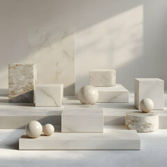Minimalist arrangement showcasing marble and stone geometric forms in a serene, sunlit setting for showcasing products or architectural visualization