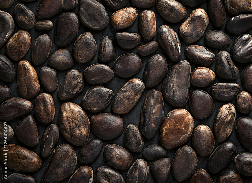 Aufkleber artistic arrangement of ripe cocoa beans displaying rich brown tones and textural variety on a dark 