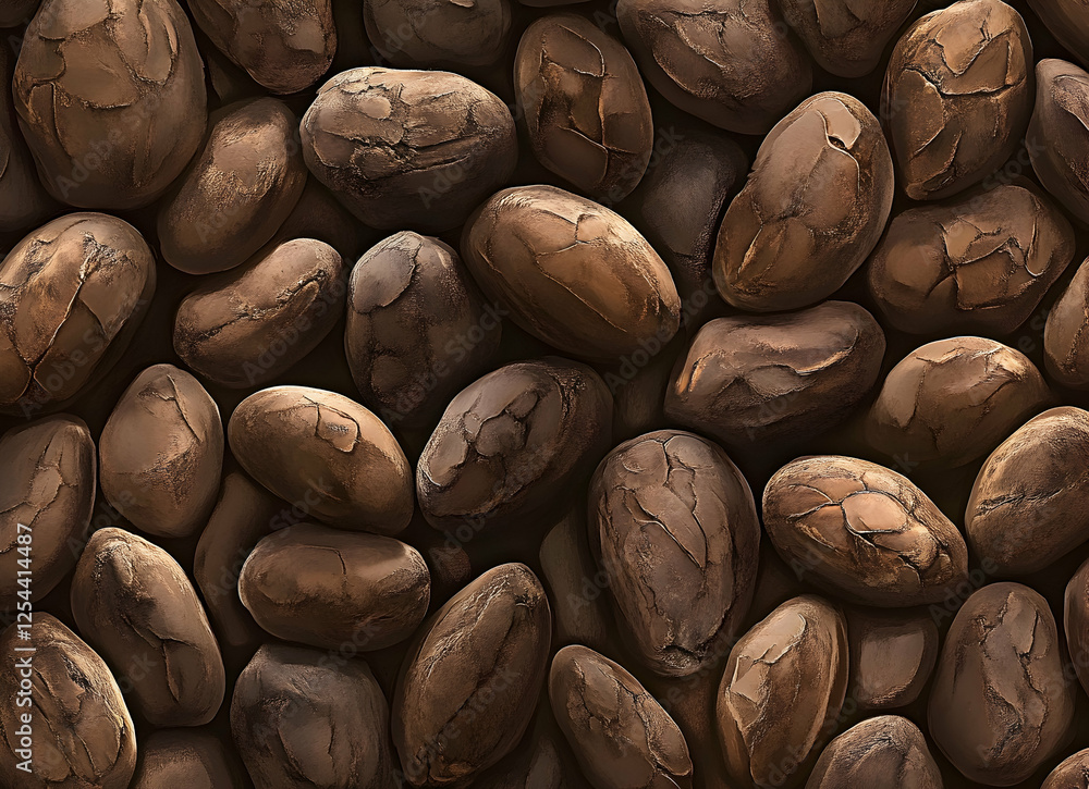 Poster artistic cocoa bean arrangement, showcasing deep brown tones and rich textures, creating an immersiv
