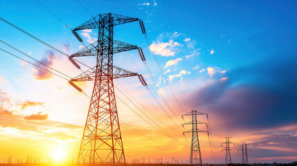 High voltage power lines stretch across vibrant sunset sky, symbolizing energy transmission and integration of AI driven operations in modern grids