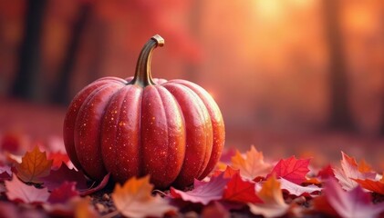 Glittery pumpkin in pink garden, autumn leaves scattered around, fall, gold