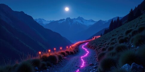 Glow sticks lining the path up a moonlit mountain trail, light, enchanting, whimsical