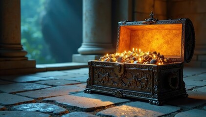 Glowing chest filled with sacred relics on white stone floor, sacred, mystical, floor