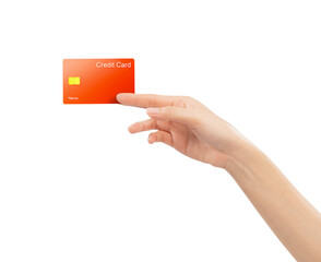 Hand holding credit card on isolated white background.
