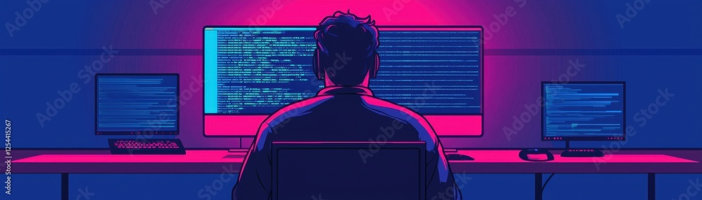 Poster a person coding in a vibrant, illuminated workspace at night.