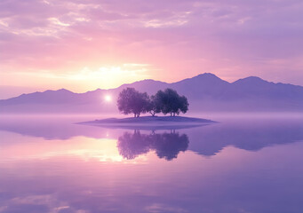 Serene sunrise landscape featuring an isolated islet with trees, reflecting on calm water against a backdrop of distant mountains in pastel hues