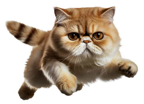 Fat orange cat flat nose cute face with jumping pose