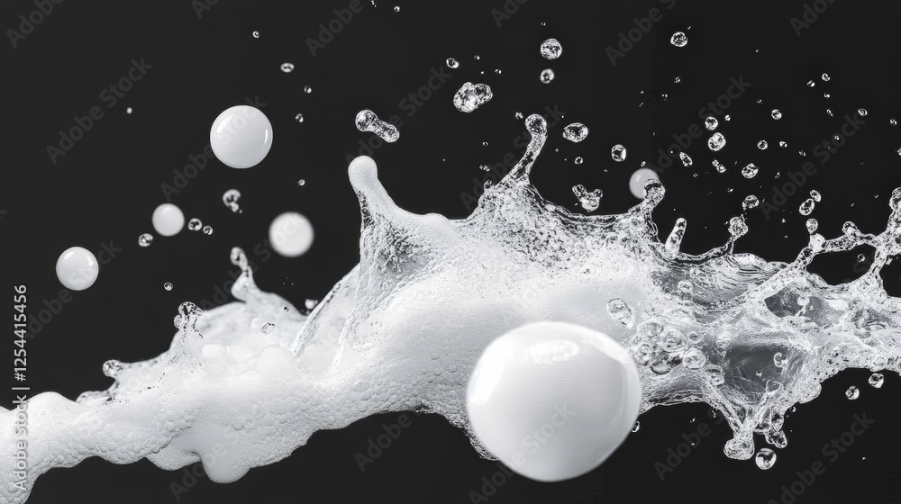 Poster dynamic splash of white foam with bubbles captured against a dark background for creative use and vi