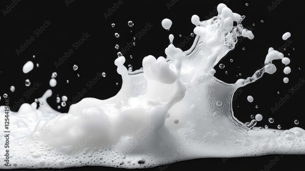 Poster dynamic splash of white foam and bubbles on black background, capturing the elegance of fluid motion