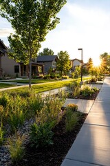 Fototapeta premium Serene residential neighborhood during sunset with vibrant gardens and pathways
