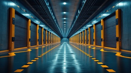 Fototapeta premium Futuristic warehouse corridor with rows of closed metal storage units and illuminated floor.