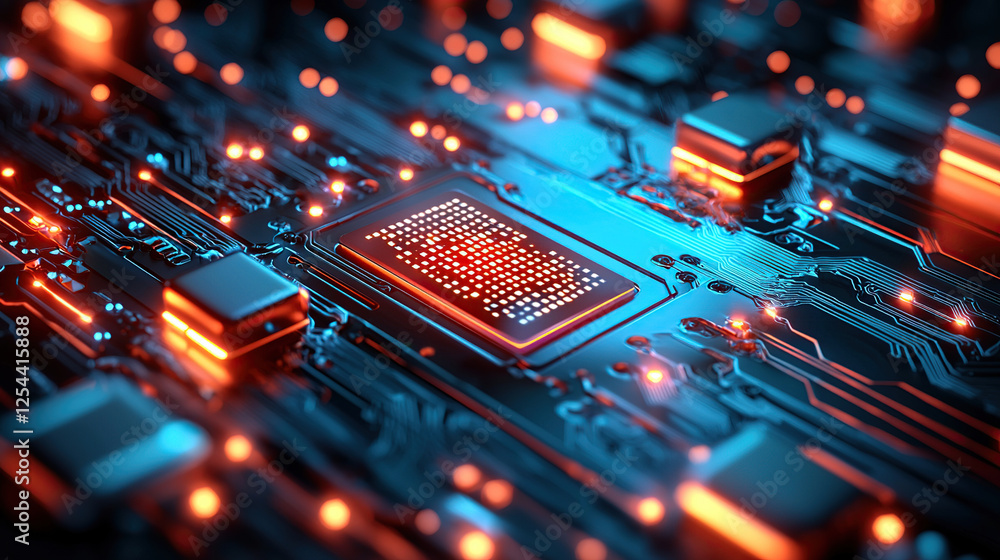 Poster close up view of glowing microchip circuit board, showcasing intricate electronic components and pat