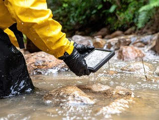 A researcher using a tablet to collect data in a stream.