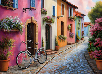 Charming European street scene, A bicycle rests against colorful buildings adorned with flowers, evoking a sense of travel, tranquility and artistic beauty