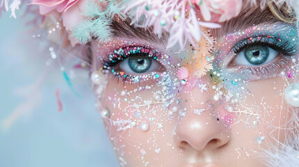 Enchanted Fairy Makeup: Close-up of a model's face adorned with intricate, whimsical makeup featuring pastel colors, glitter, and delicate floral accents.
