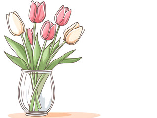 Fototapeta premium Elegant line art of tulips in vase, showcasing soft colors and spacious background. Perfect for floral decor and design inspiration