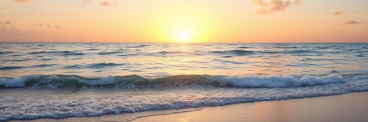 Fototapeta premium Vibrant sunrise over calm Caribbean Sea waves hitting golden sandy beach, water, horizon, vacation