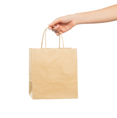 Woman hand holding shopping bag on isolated background.